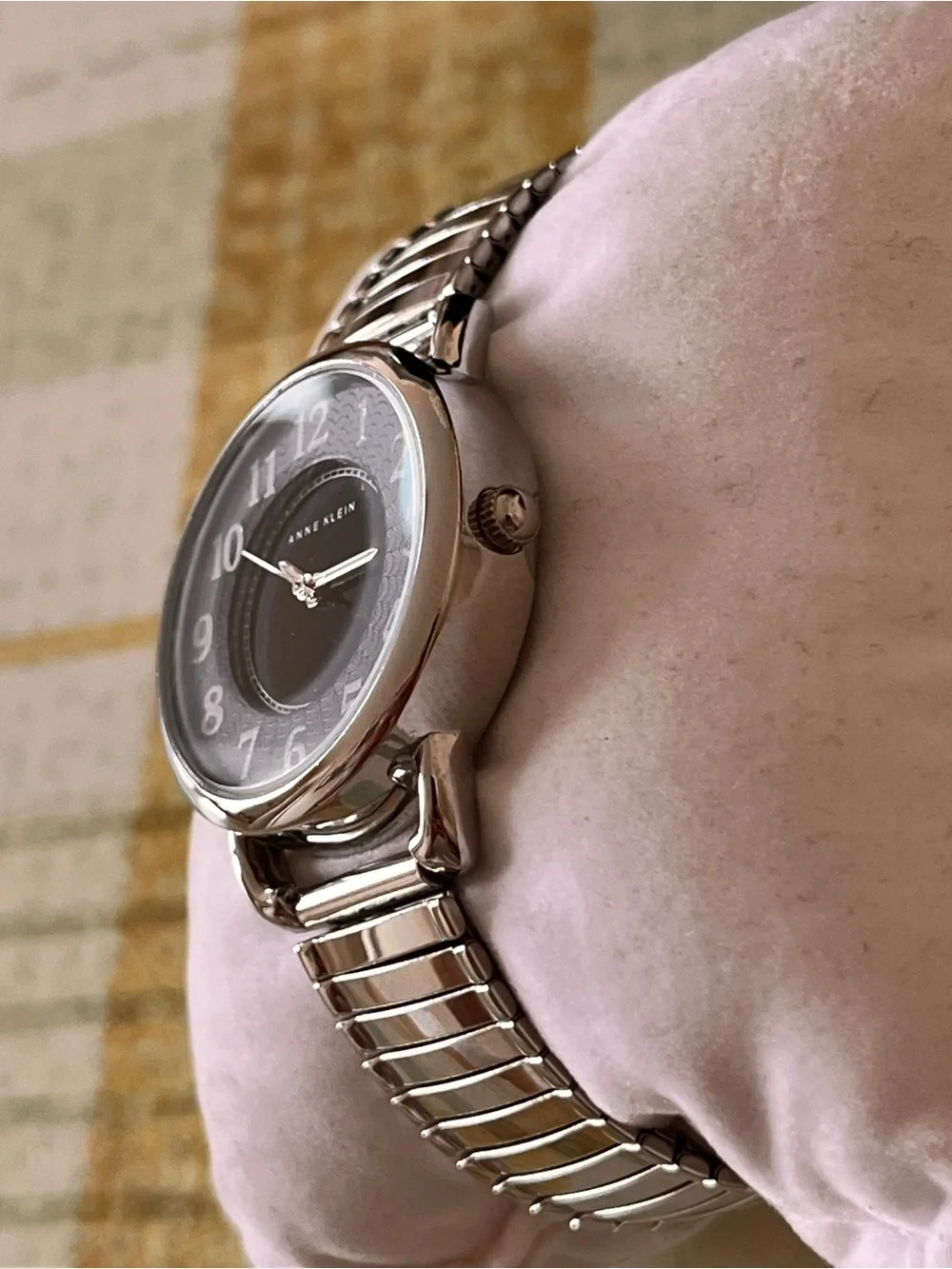 Anne Klein Black Dial Silver-Tone stretch band Bracelet Watch